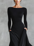Black boat-neck long dress, ruched waist seam and draped side pleats