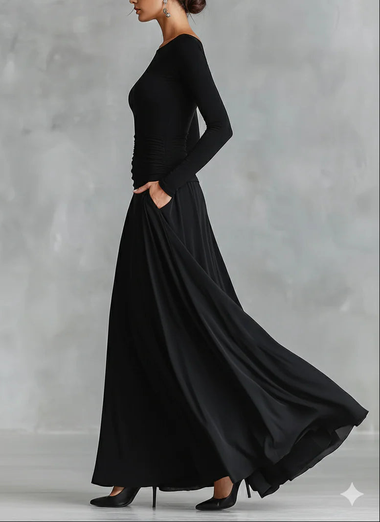 Black long-sleeve boat-neck maxi dress, gathered waist and pleated A-line skirt