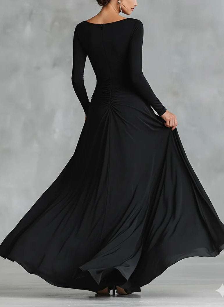 Black boat-neck long dress with ruched waist and full pleated maxi skirt