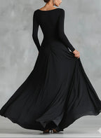 Black boat-neck long dress with ruched waist and full pleated maxi skirt