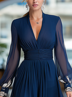 Navy blue V-neck maxi dress with ruched waist and sheer tulle sleeves