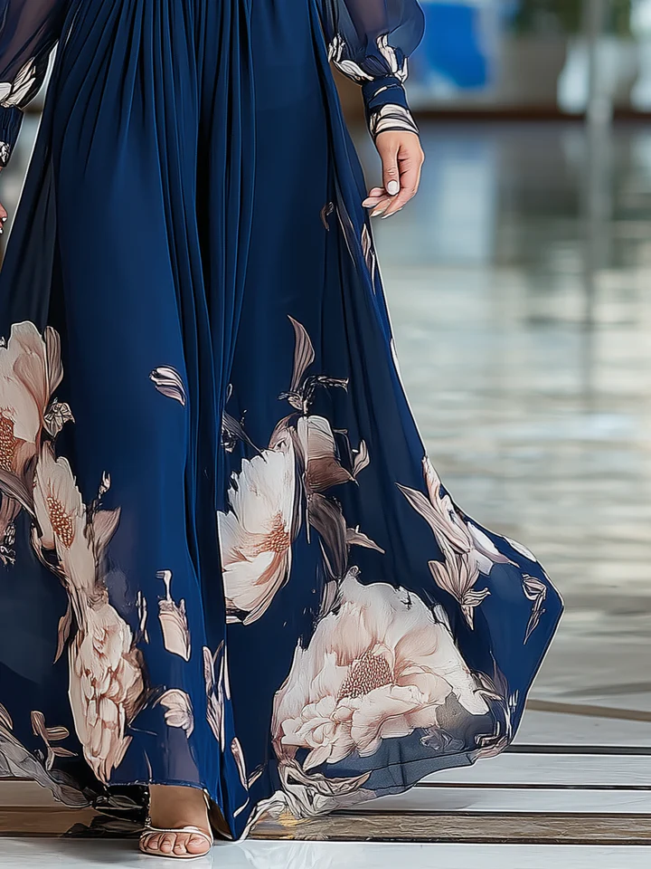 Navy blue floral maxi skirt with pleated gathers and sheer tulle finish