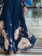 Navy blue floral maxi skirt with pleated gathers and sheer tulle finish