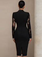 Black blazer-style lace midi dress with high back and long lace sleeves