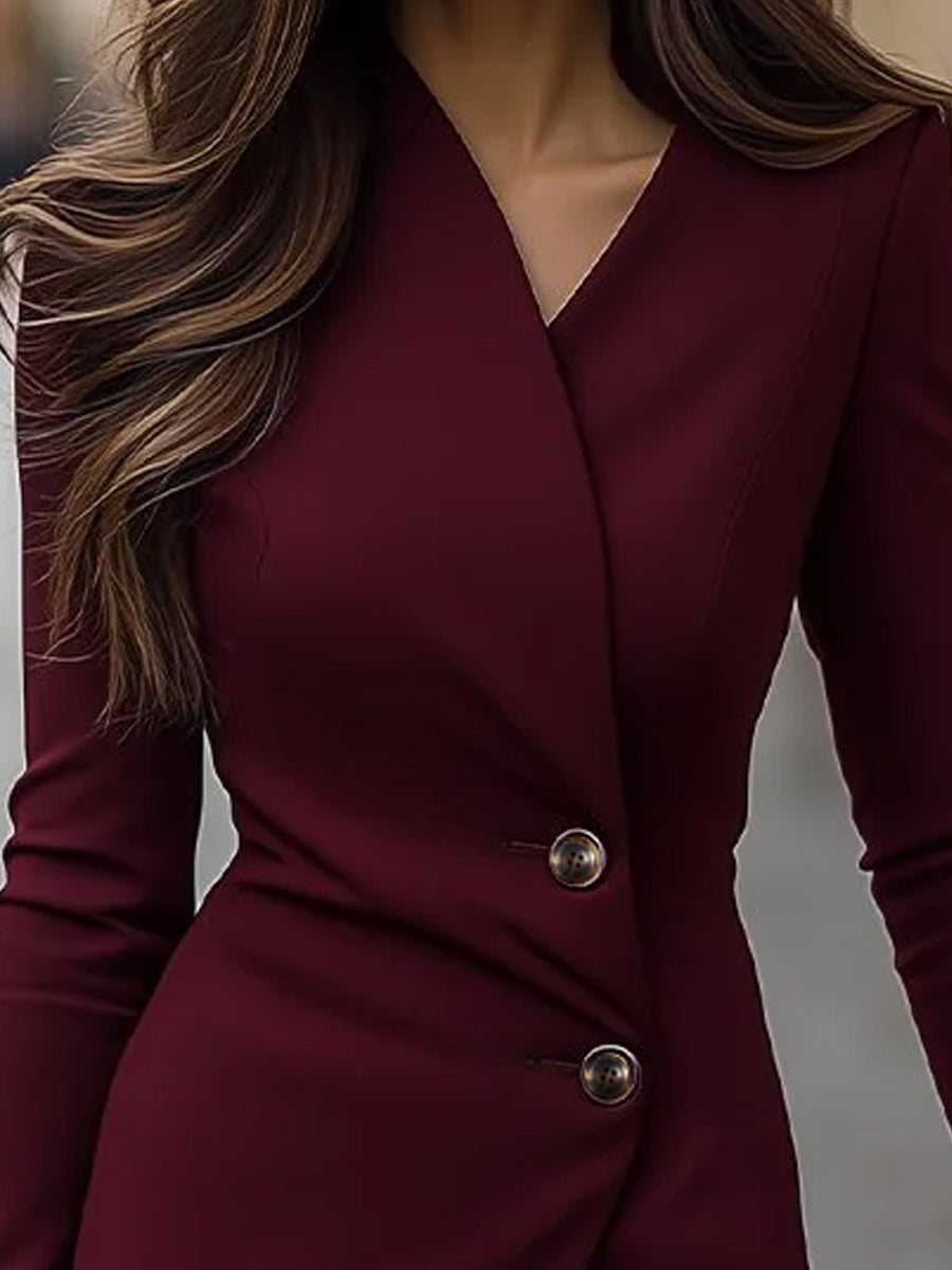 Burgundy wrap-style buttoned midi dress, close-up V-neck and front buttons