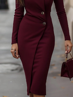 Burgundy wrap-style buttoned midi dress, fitted waist with front button placket