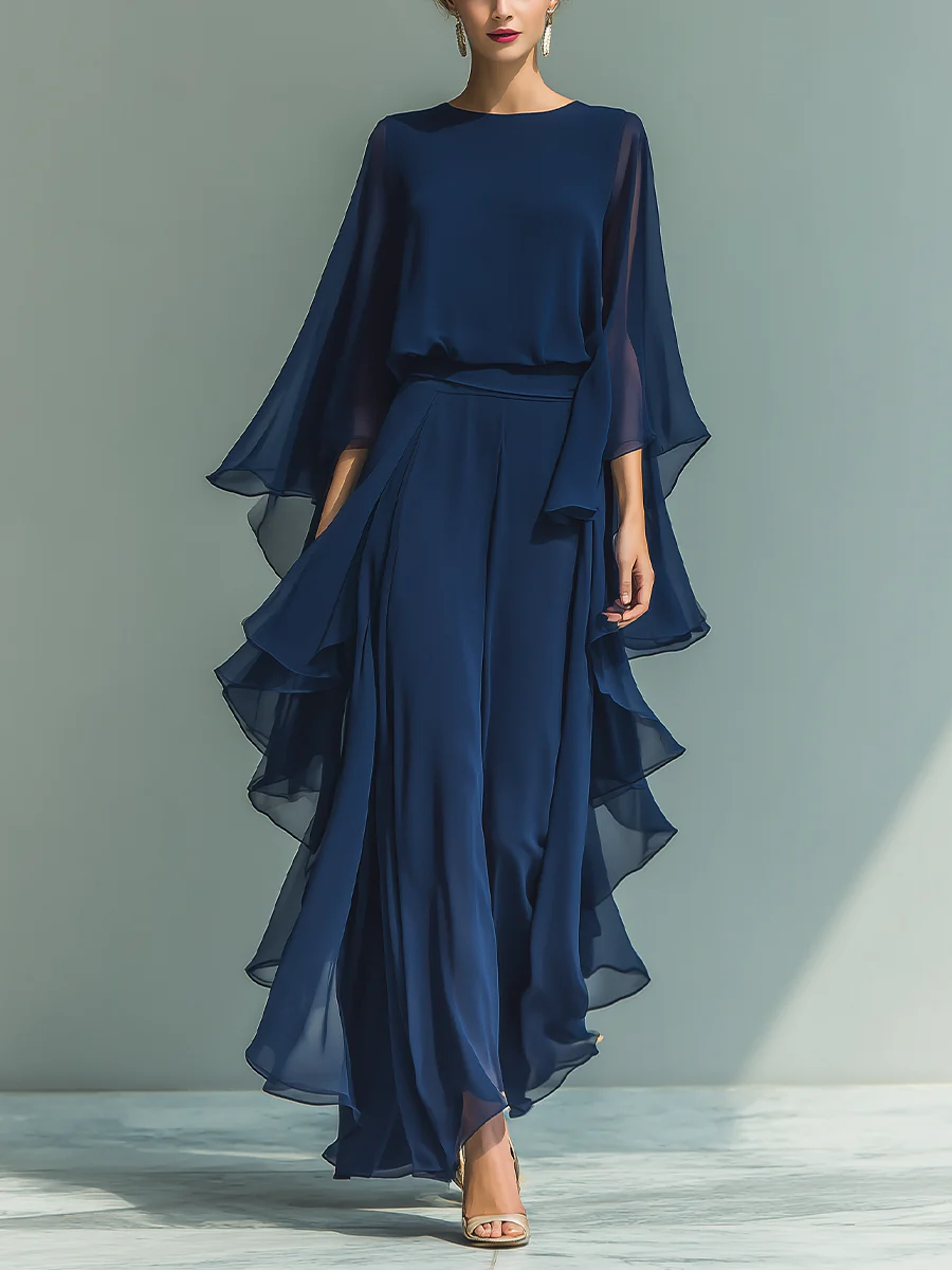 Navy elegant set with cape sleeves and layered skirt with waist belt