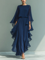 Navy elegant set with cape sleeves and layered skirt with waist belt