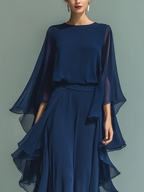 Michaela™ elegant set in navy: sheer cape sleeves and tiered chiffon skirt