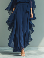 Navy elegant set with layered ruffle skirt and draped chiffon sleeves