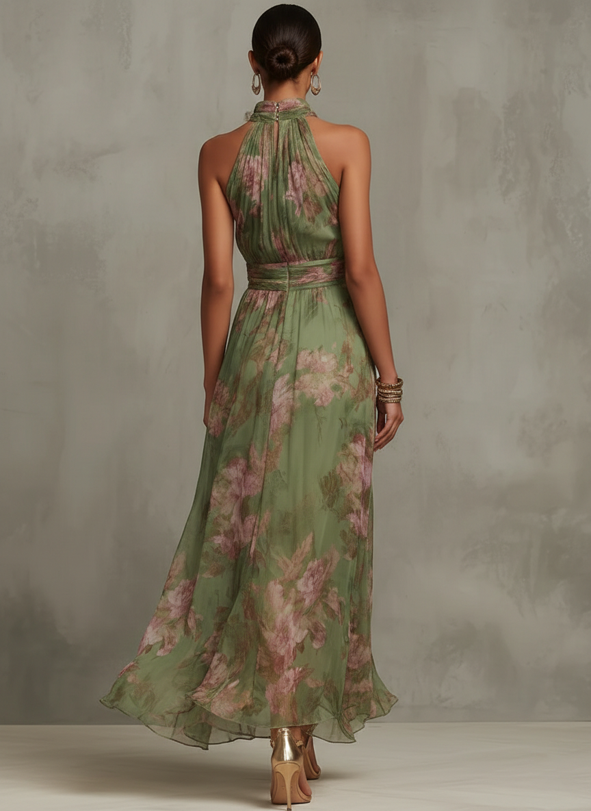 Floral chiffon halter maxi dress, green back view with neck tie, elastic waist and draped skirt