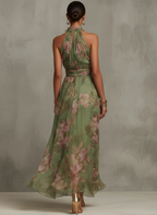 Floral chiffon halter maxi dress, green back view with neck tie, elastic waist and draped skirt