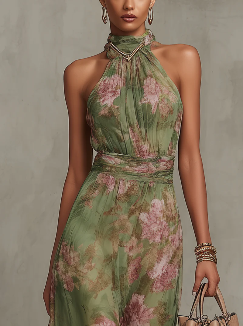 Floral chiffon halter maxi dress in green with pink floral print, high neck and cinched waist