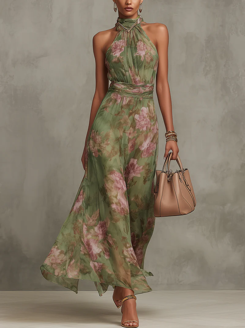 Floral chiffon halter maxi dress in green with pink blooms, gathered waist and flowing skirt
