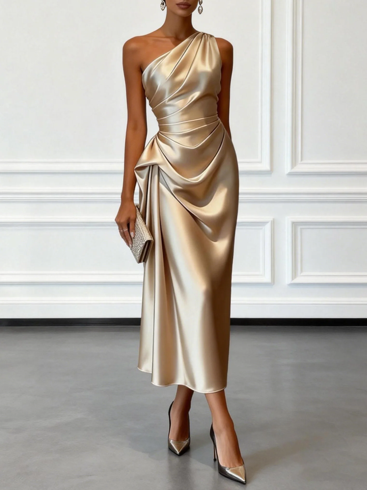 Champagne satin one-shoulder midi dress with draped ruffles, sleeveless