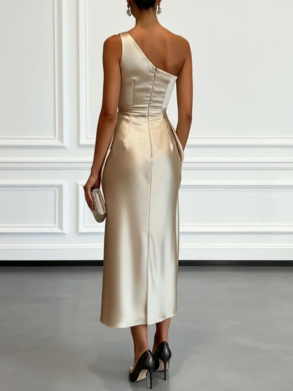 Champagne satin one-shoulder midi dress, sleeveless, ruched back