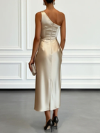 Champagne satin one-shoulder midi dress, sleeveless, ruched back