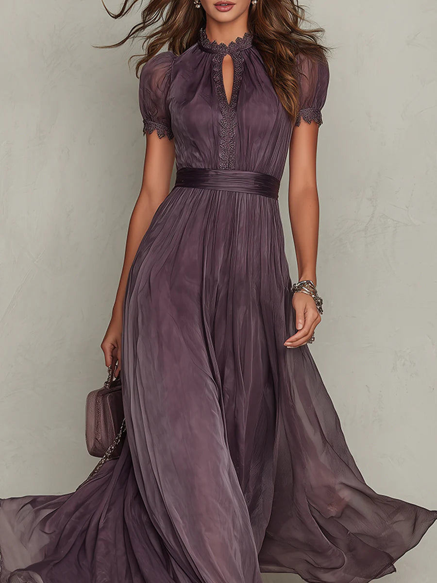 Purple long chiffon dress with keyhole neckline and lace trim at yoke and sleeves