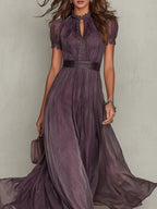 Purple long chiffon dress with keyhole neckline and lace trim at yoke and sleeves