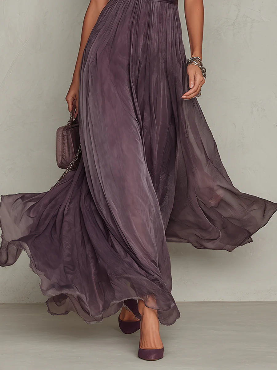 Purple chiffon maxi dress with gathered waist and flared layered ruffle hem