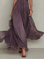 Purple chiffon maxi dress with gathered waist and flared layered ruffle hem