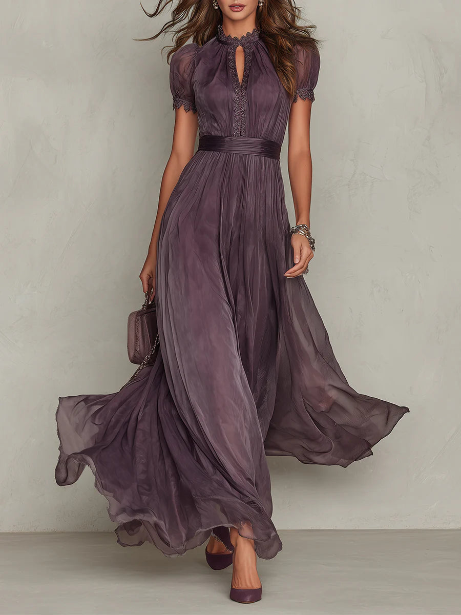Purple long chiffon dress with keyhole neckline and puff sleeves, lace-trimmed