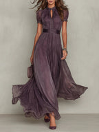 Purple long chiffon dress with keyhole neckline and puff sleeves, lace-trimmed