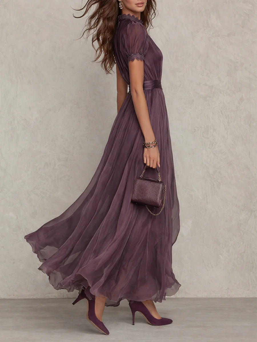 Purple long chiffon dress with keyhole neckline, puff sleeves, flowing A-line skirt