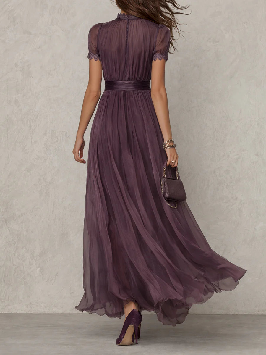 Purple long chiffon dress from back view, gathered waist and ruffled hem