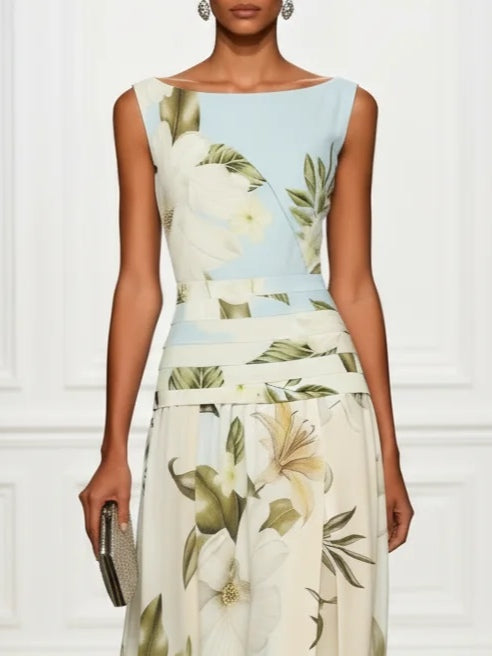 Floral boat-neck sleeveless maxi dress, cream with green leaf print and light blue yoke