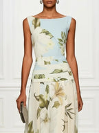Floral boat-neck sleeveless maxi dress, cream with green leaf print and light blue yoke