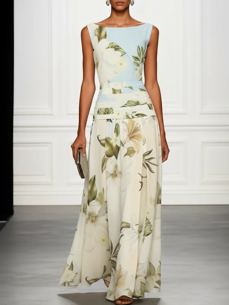 Floral ruffled boat-neck sleeveless maxi dress, cream with green leaves and light blue bodice