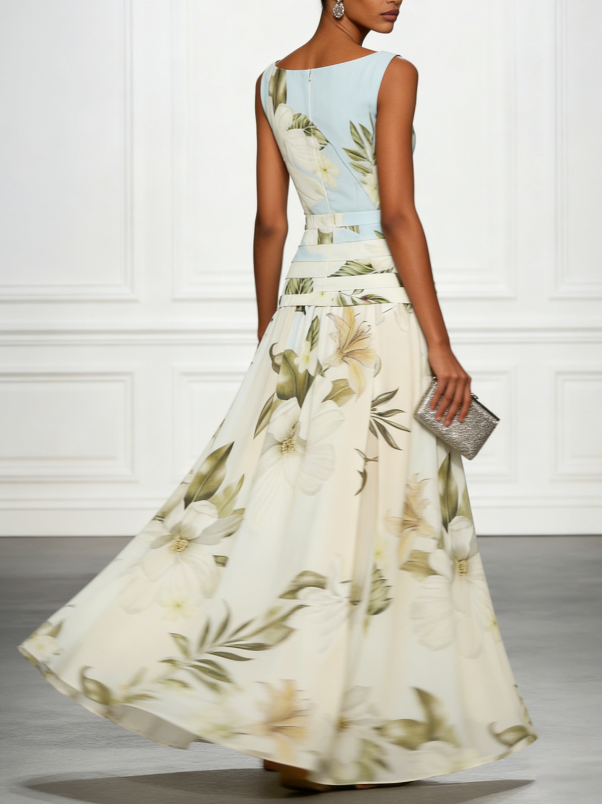 Floral sleeveless maxi dress, cream skirt with green botanical print and light blue waist panel