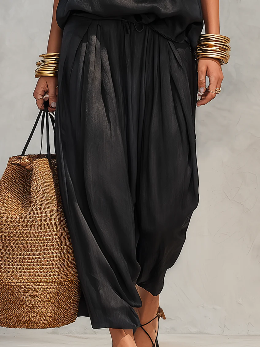 Two-piece set black gathered wide-leg pants with elastic waist, close-up