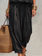 Two-piece set black gathered wide-leg pants with elastic waist, close-up