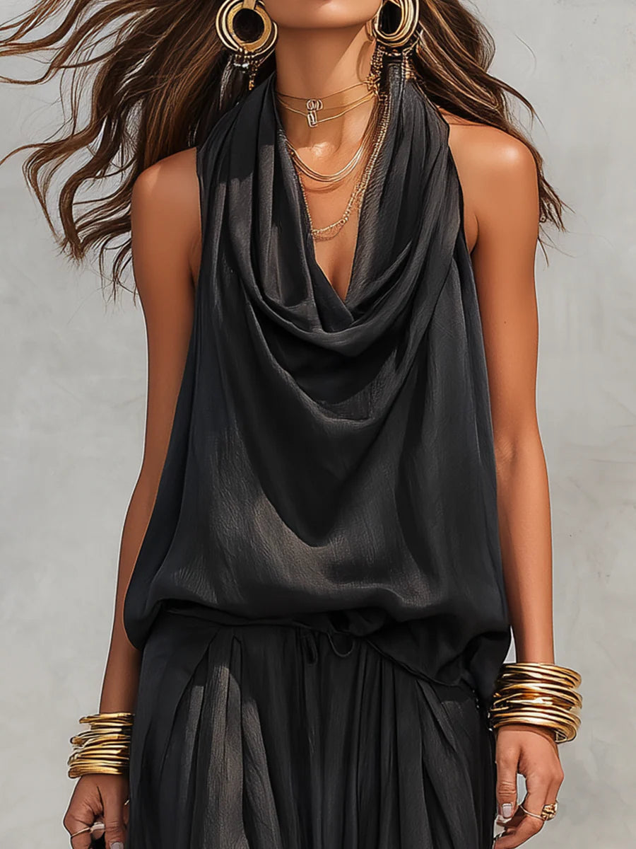Two-piece set sleeveless draped halter top with ruched neckline, black