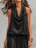 Two-piece set sleeveless draped halter top with ruched neckline, black