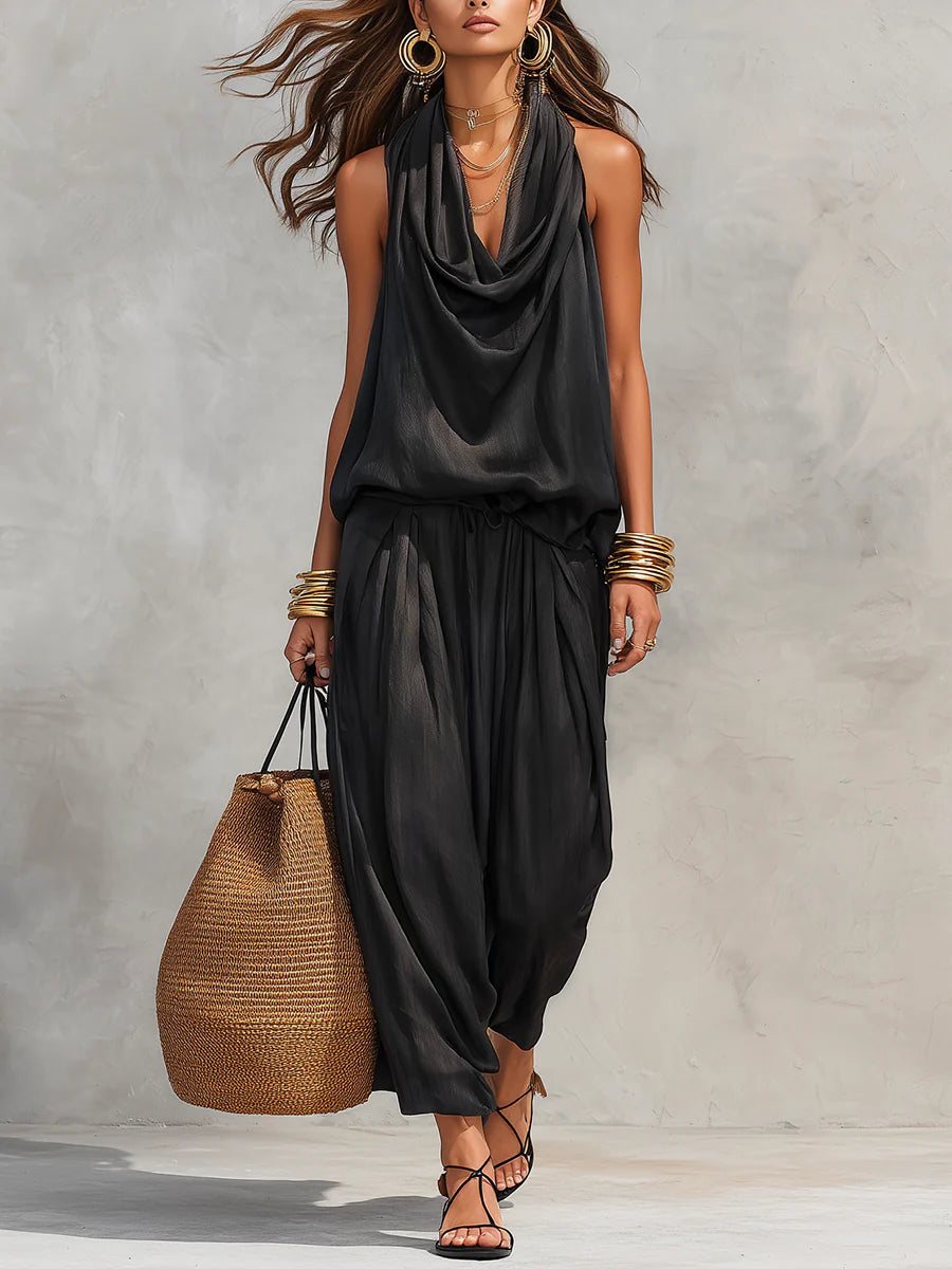Demetria™ two-piece set with draped halter sleeveless top and black wide-leg pants