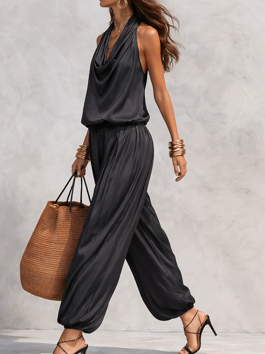 Two-piece set with cowl halter sleeveless top and black gathered wide-leg pants