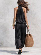 Two-piece set with back halter drape sleeveless top and black wide-leg pants
