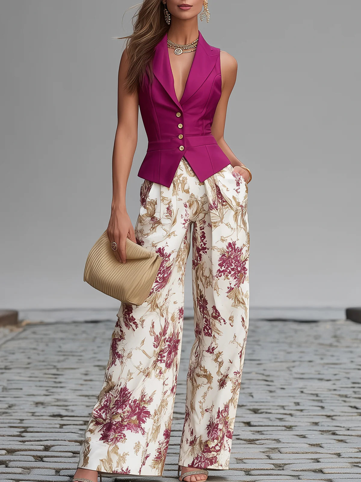 Rose pink sleeveless vest and floral wide-leg pants set, front view with button detail