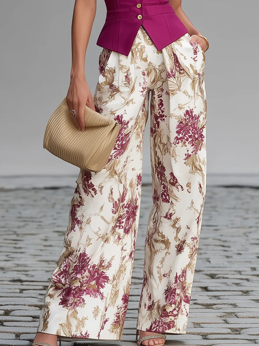 Floral wide-leg pants with rose pink sleeveless vest hem and gold button closure