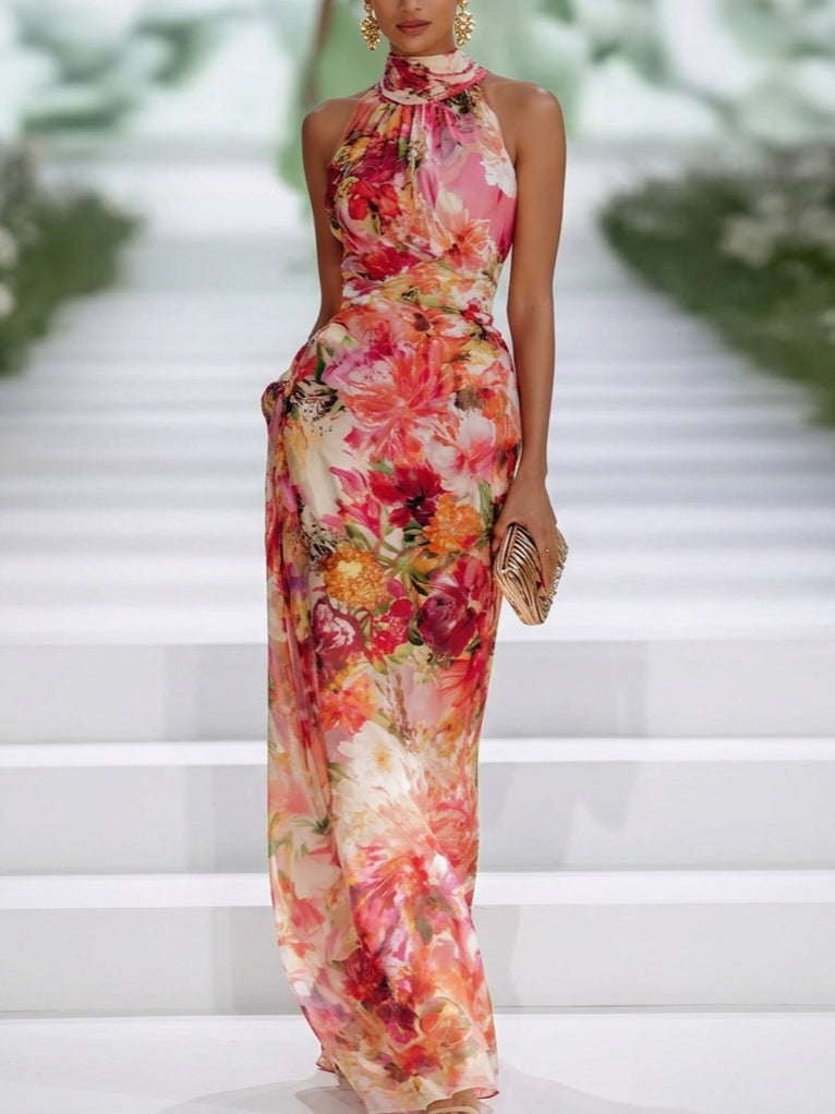 Floral halter-neck maxi dress in red pink chiffon, sleeveless with gathered neckline