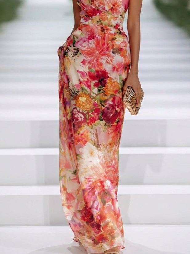 Floral chiffon maxi dress with halter neckline, sleeveless fitted column silhouette