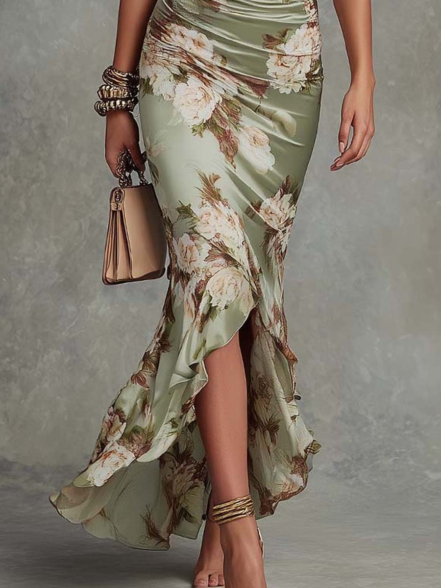 Sage green floral satin maxi dress, asym hem with ruffles and side slit