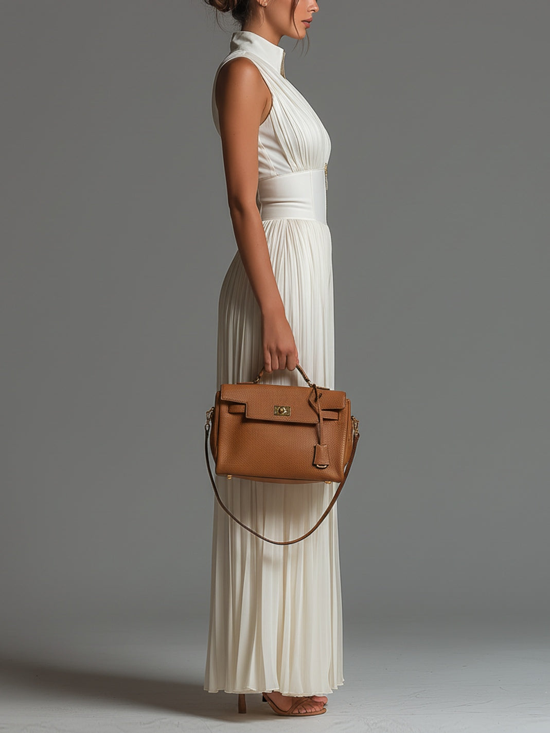 White sleeveless V-neck pleated wide-leg jumpsuit with zip front, side view