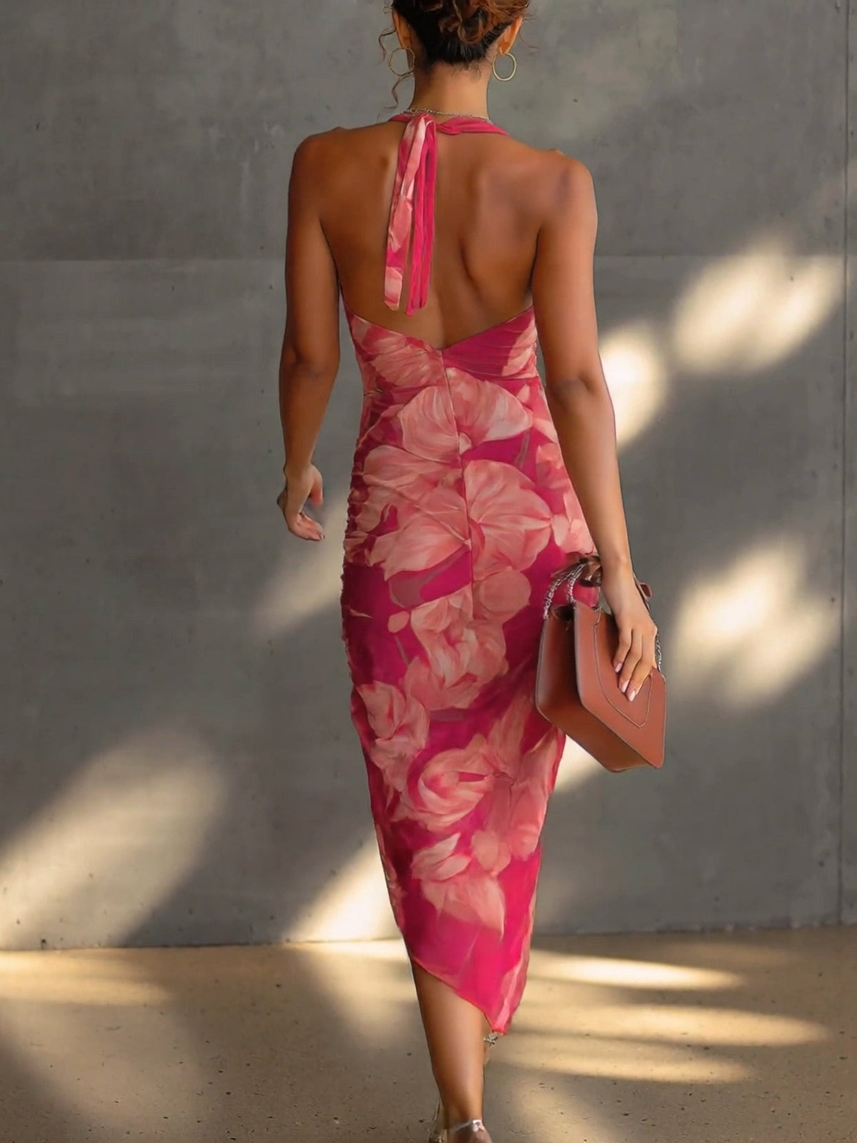 Fuchsia floral backless ruched sleeveless bodycon dress with midi slit