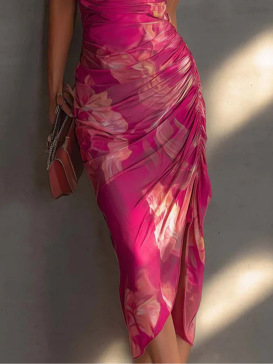 Fuchsia floral print ruched midi bodycon dress with high side slit
