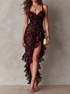 Black and red floral ruched ruffle hem dress with spaghetti straps and sweetheart neckline