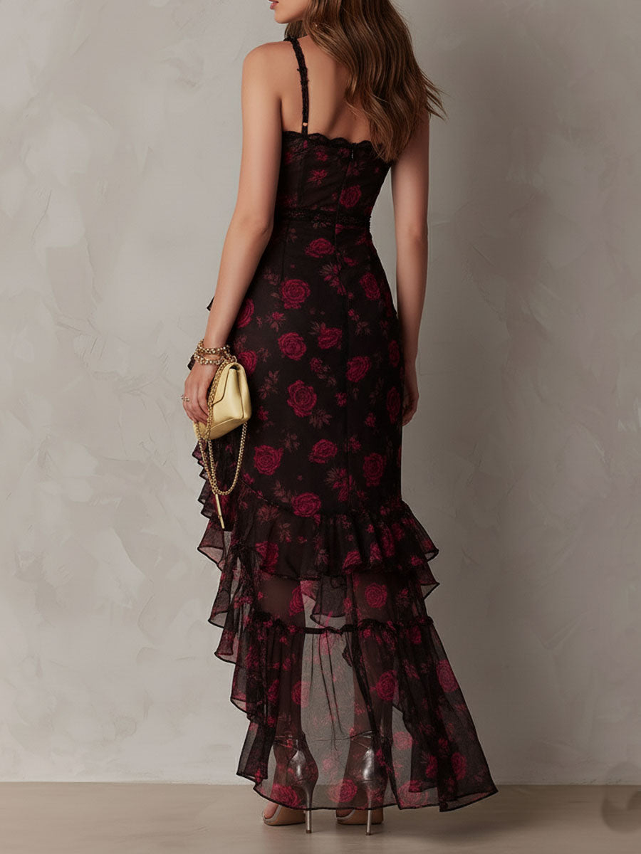 Black and red floral ruffle hem dress with ruched waist, spaghetti straps, back view